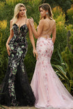 Pink Flower Mermaid Corset Lace Up Back Long Prom Dress with Sequins