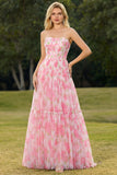 Pink Strapless A-Line Corset Print Floral Long Prom Dress