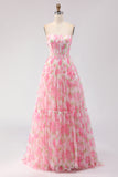 Pink Strapless A-Line Corset Print Floral Long Prom Dress