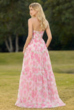 Pink Strapless A-Line Corset Print Floral Long Prom Dress