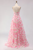 Pink Strapless A-Line Corset Print Floral Long Prom Dress