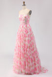 Pink Strapless A-Line Corset Print Floral Long Prom Dress