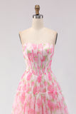 Pink Strapless A-Line Corset Print Floral Long Prom Dress