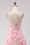 Pink Strapless A-Line Corset Print Floral Long Prom Dress