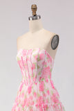 Pink Strapless A-Line Corset Print Floral Long Prom Dress