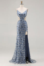 Dusty Blue Mermaid Sequin Cut Out Long Prom Dress with Slit