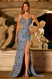 Dusty Blue Sequin Mermaid Cut Out Long Prom Dress with Slit
