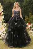 Black Sequin Embroidered A Line Lace Up Back Long Prom Dress with Ruffles