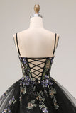 Black Sequin Embroidered A Line Lace Up Back Long Prom Dress with Ruffles