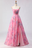 Pink A Line Spaghetti Straps Printed Long Prom Dress with Slit