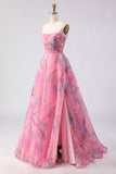 Pink A Line Spaghetti Straps Printed Long Prom Dress with Slit