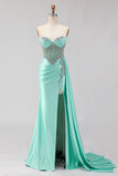 Mint Green Mermaid Sweetheart Beaded Long Prom Dress with Slit