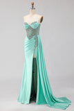 Mint Green Mermaid Sweetheart Beaded Long Prom Dress with Slit