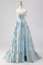 Light Blue Strapless Jacquard A Line Corset Floral Long Prom Dress with Slit