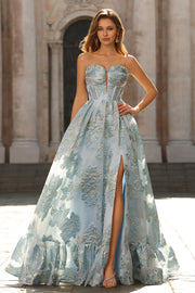 Light Blue Strapless A Line Corset Floral Jacquard Long Prom Dress with Slit