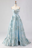 Light Blue Strapless Jacquard A Line Corset Floral Long Prom Dress with Slit