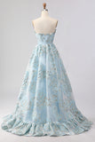 Light Blue Strapless Jacquard A Line Corset Floral Long Prom Dress with Slit