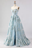 Light Blue Strapless Jacquard A Line Corset Floral Long Prom Dress with Slit
