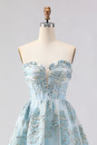 Light Blue Strapless Jacquard A Line Corset Floral Long Prom Dress with Slit