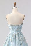 Light Blue Strapless Jacquard A Line Corset Floral Long Prom Dress with Slit