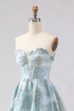 Light Blue Strapless Jacquard A Line Corset Floral Long Prom Dress with Slit