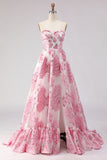 Strapless A Line Corset Pink Floral Long Prom Dress with Slit
