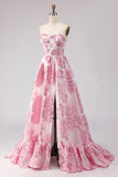 Strapless A Line Corset Pink Floral Long Prom Dress with Slit
