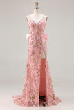 Sparkly Pink Mermaid Sequins Side Slit Long Prom Dress with Large Bow