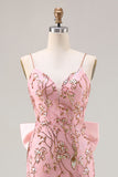 Sparkly Pink Mermaid Sequins Side Slit Long Prom Dress with Large Bow