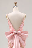 Sparkly Pink Mermaid Sequins Side Slit Long Prom Dress with Large Bow