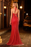 Red Mermaid Halter Beaded Lace Up Back Long Prom Dress with Slit