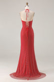 Red Mermaid Halter Beaded Lace Up Back Long Prom Dress with Slit