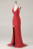 Red Halter Mermaid Beaded Lace Up Back Long Prom Dress with Slit