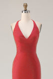 Red Halter Mermaid Beaded Lace Up Back Long Prom Dress with Slit
