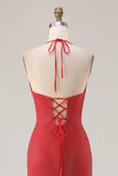 Red Halter Mermaid Beaded Lace Up Back Long Prom Dress with Slit