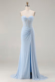 Sweetheart Mermaid Sky Blue Beaded Lace Up Back Corset Long Prom Dress with Slit