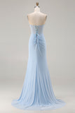 Sweetheart Mermaid Sky Blue Beaded Lace Up Back Corset Long Prom Dress with Slit