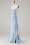 Sweetheart Mermaid Sky Blue Beaded Lace Up Back Corset Long Prom Dress with Slit