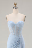 Sweetheart Mermaid Sky Blue Beaded Lace Up Back Corset Long Prom Dress with Slit