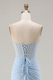 Sweetheart Mermaid Sky Blue Beaded Lace Up Back Corset Long Prom Dress with Slit