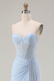 Sweetheart Mermaid Sky Blue Beaded Lace Up Back Corset Long Prom Dress with Slit