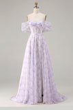 Lilac Off The Shoulder A-Line Corset Print Floral Long Prom Dress with Slit