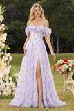 Lilac Off The Shoulder A-Line Corset Print Floral Long Prom Dress with Slit