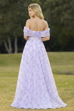 Lilac Off The Shoulder A-Line Corset Print Floral Long Prom Dress with Slit