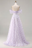 Lilac Off The Shoulder A-Line Corset Print Floral Long Prom Dress with Slit