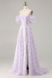 Lilac Off The Shoulder A-Line Corset Print Floral Long Prom Dress with Slit
