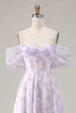 Lilac Off The Shoulder A-Line Corset Print Floral Long Prom Dress with Slit