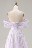 Lilac Off The Shoulder A-Line Corset Print Floral Long Prom Dress with Slit