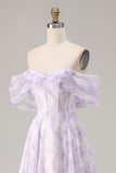 Lilac Off The Shoulder A-Line Corset Print Floral Long Prom Dress with Slit