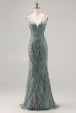 Sparkly Grey Blue Mermaid Beaded Sequin Long Prom Dress
